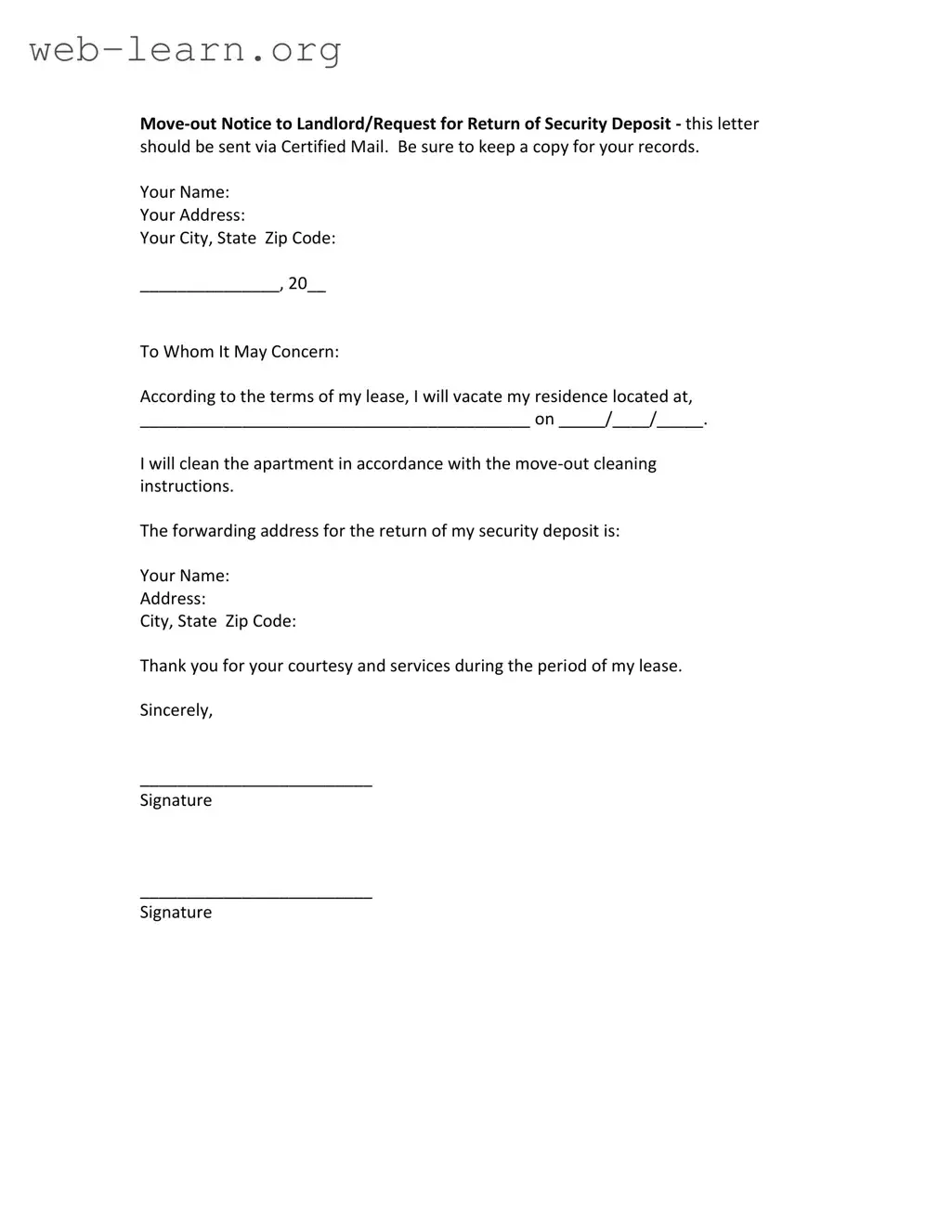 Blank Move Out Notice Letter Form