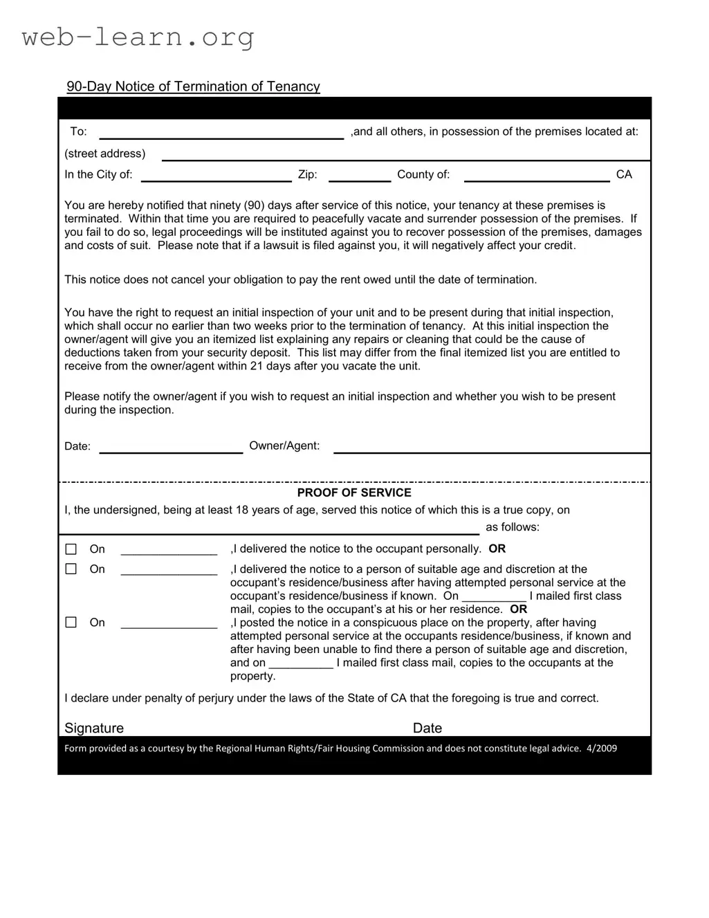 Blank 90 Day Notice To Move Out Form