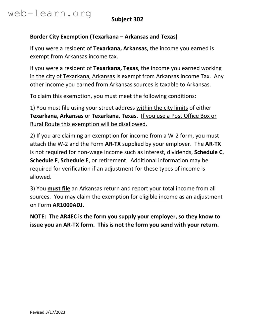 Blank Arkansas Border City Form