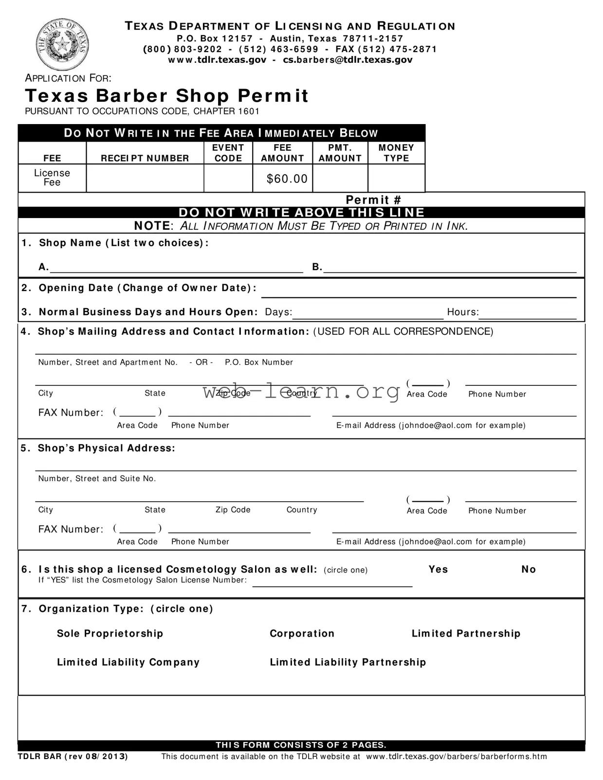 Blank Texas Tdlr Bar Form