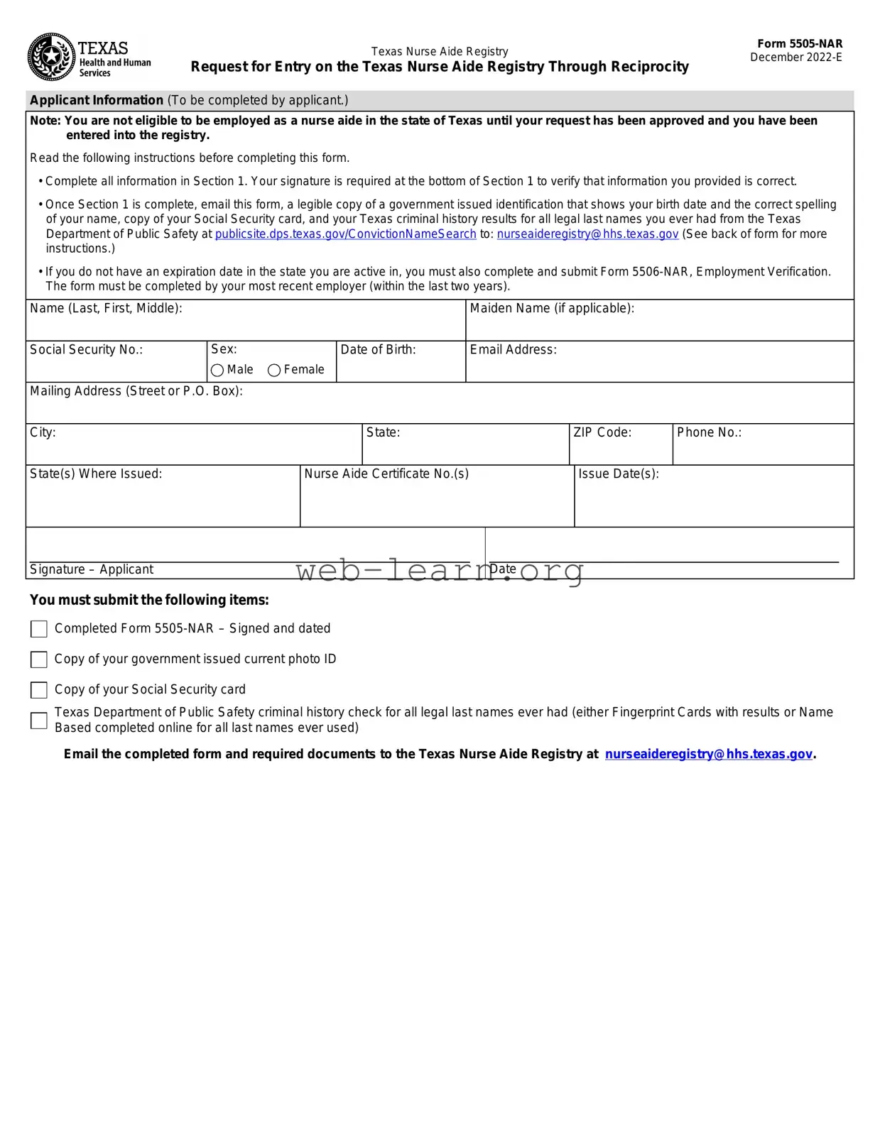 Blank Texas Nurse Aide Registry 5505-NAR Form