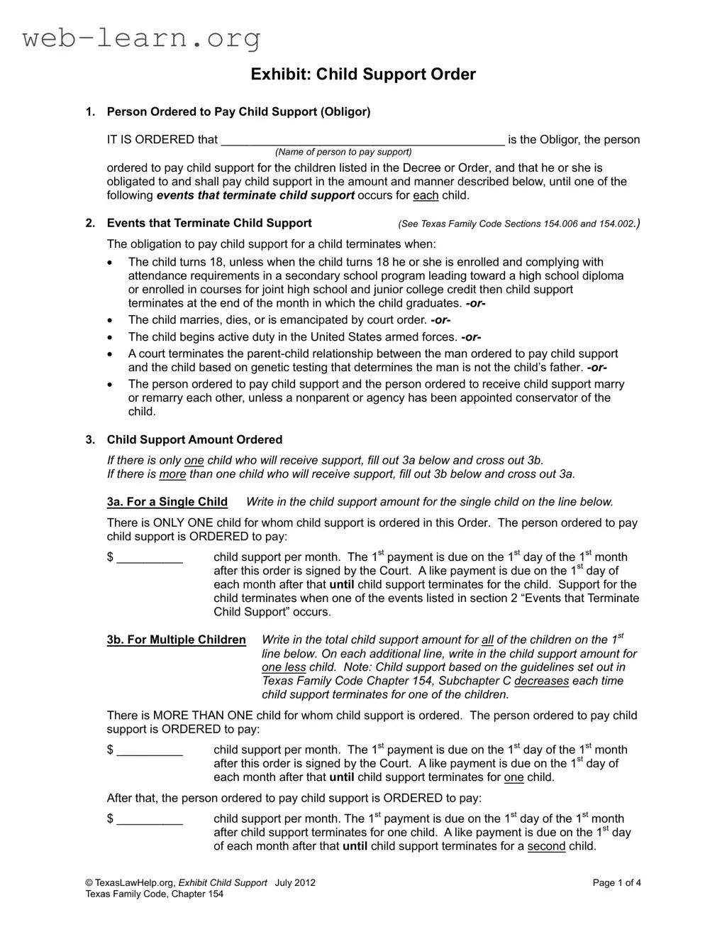 Blank Child Support Texas Form