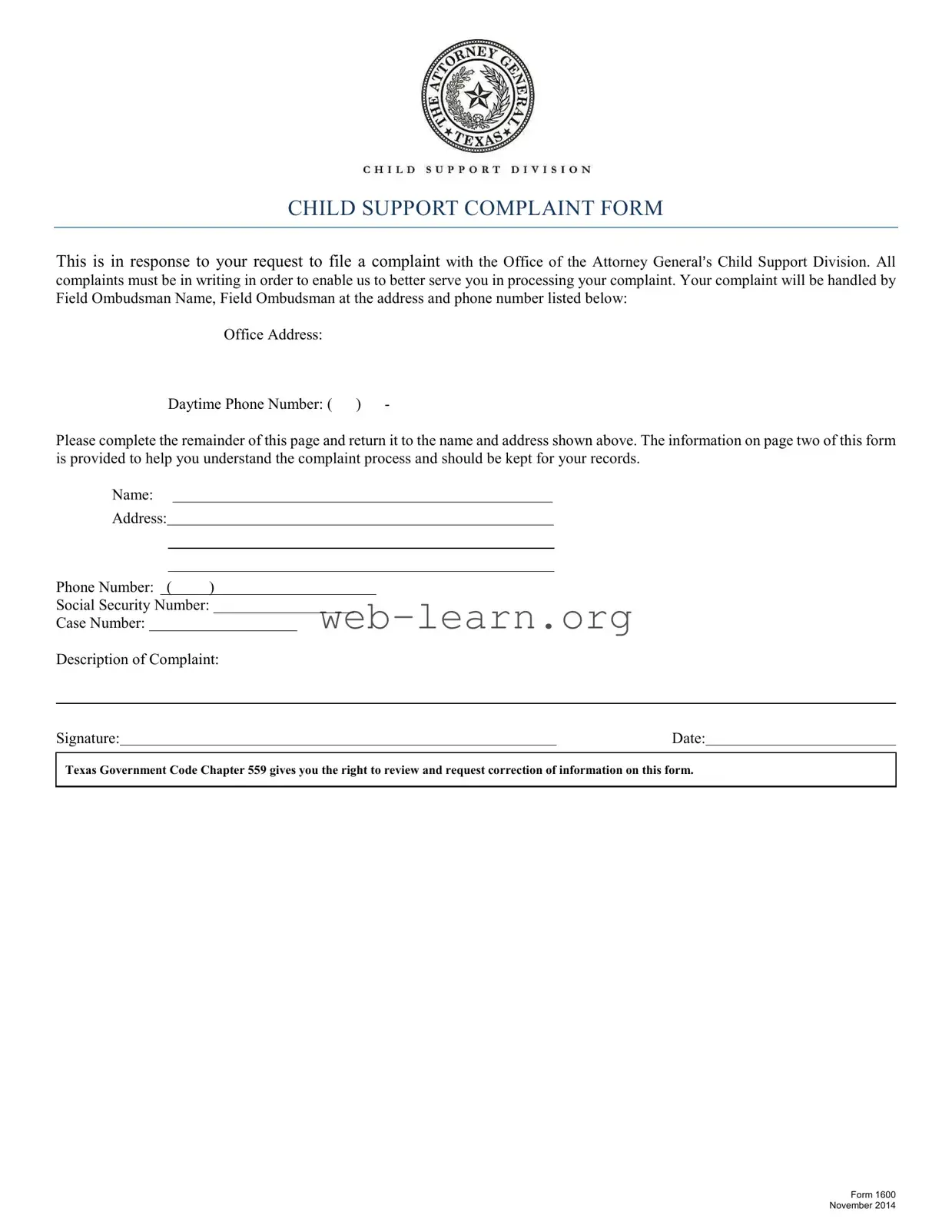 Blank Texas 1600 Form
