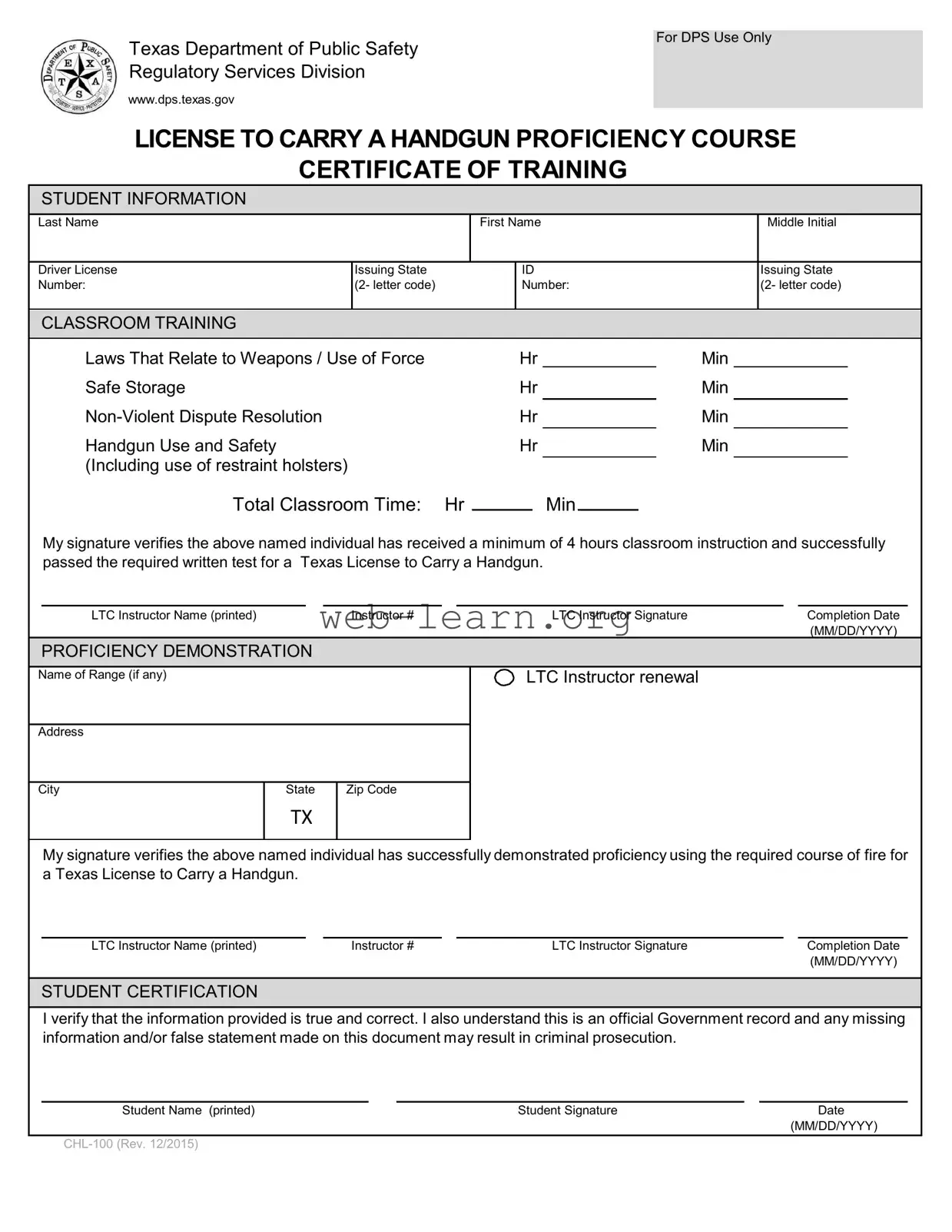 Blank Texas Chl 100 Form