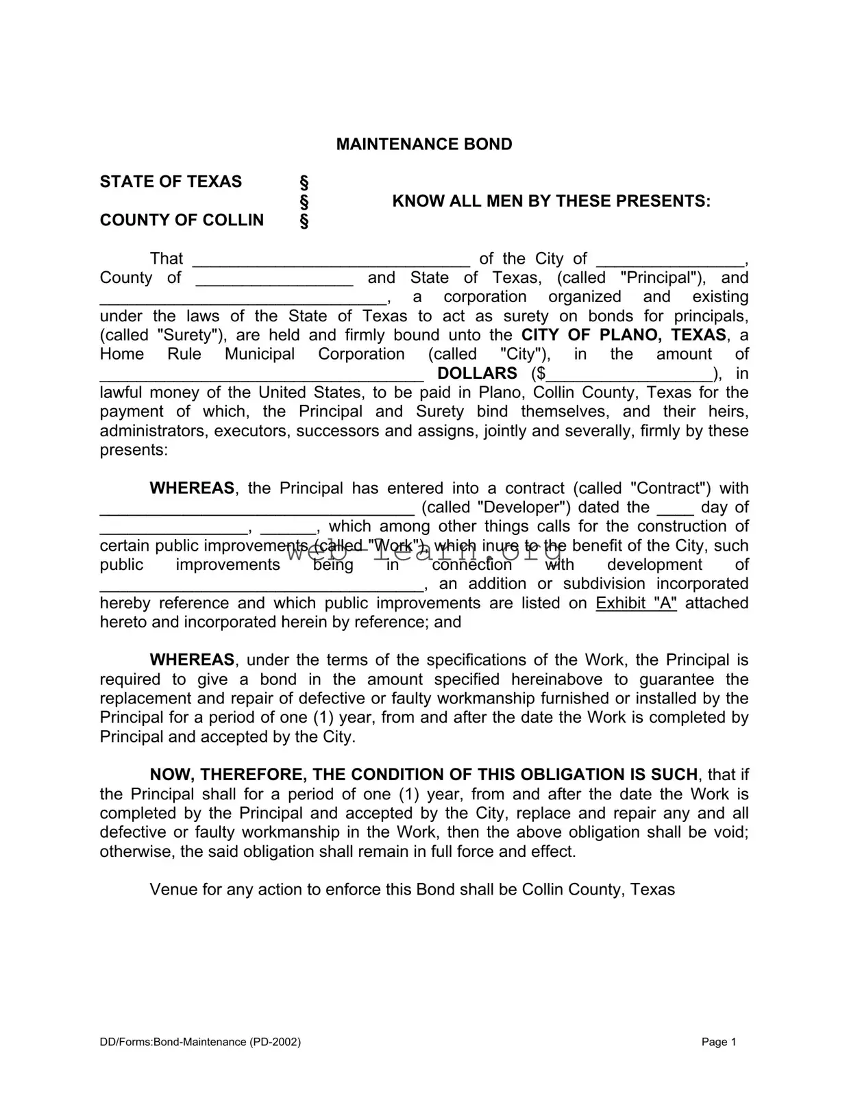 Blank Texas Maintenance Bond Form