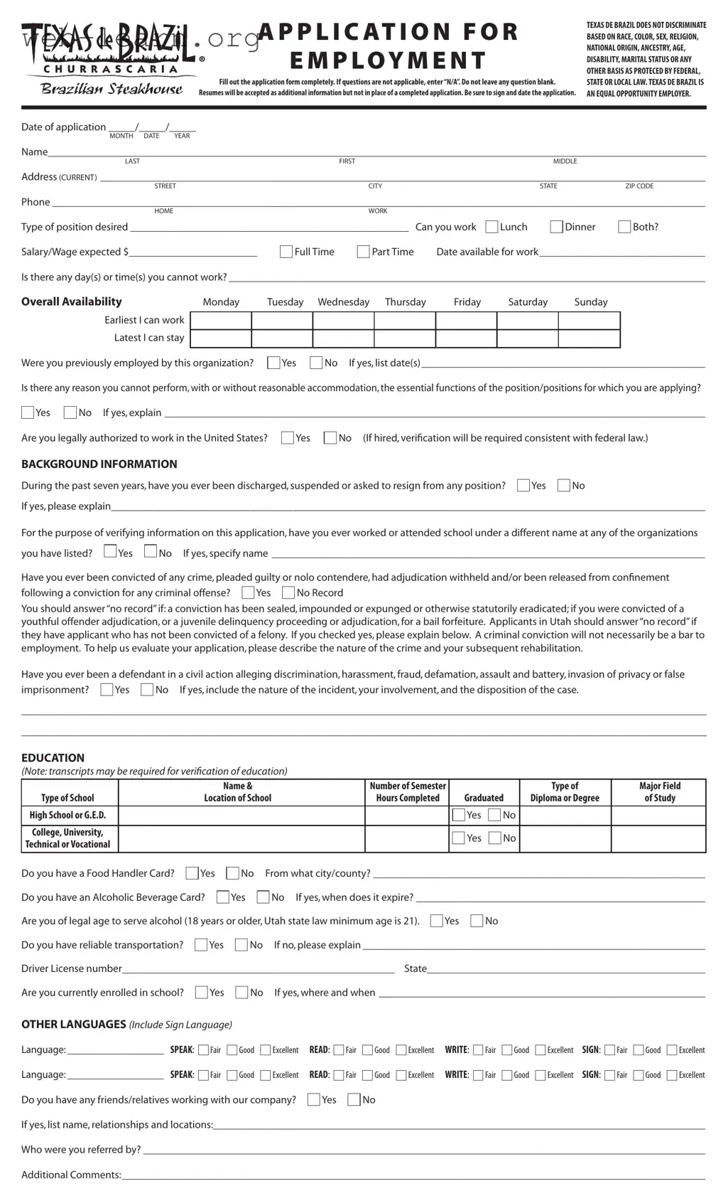 Blank Application For Texas De Brazil Form