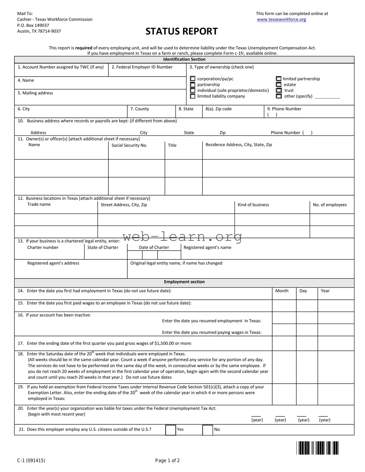 Blank Texas Workforce Commission Report Form