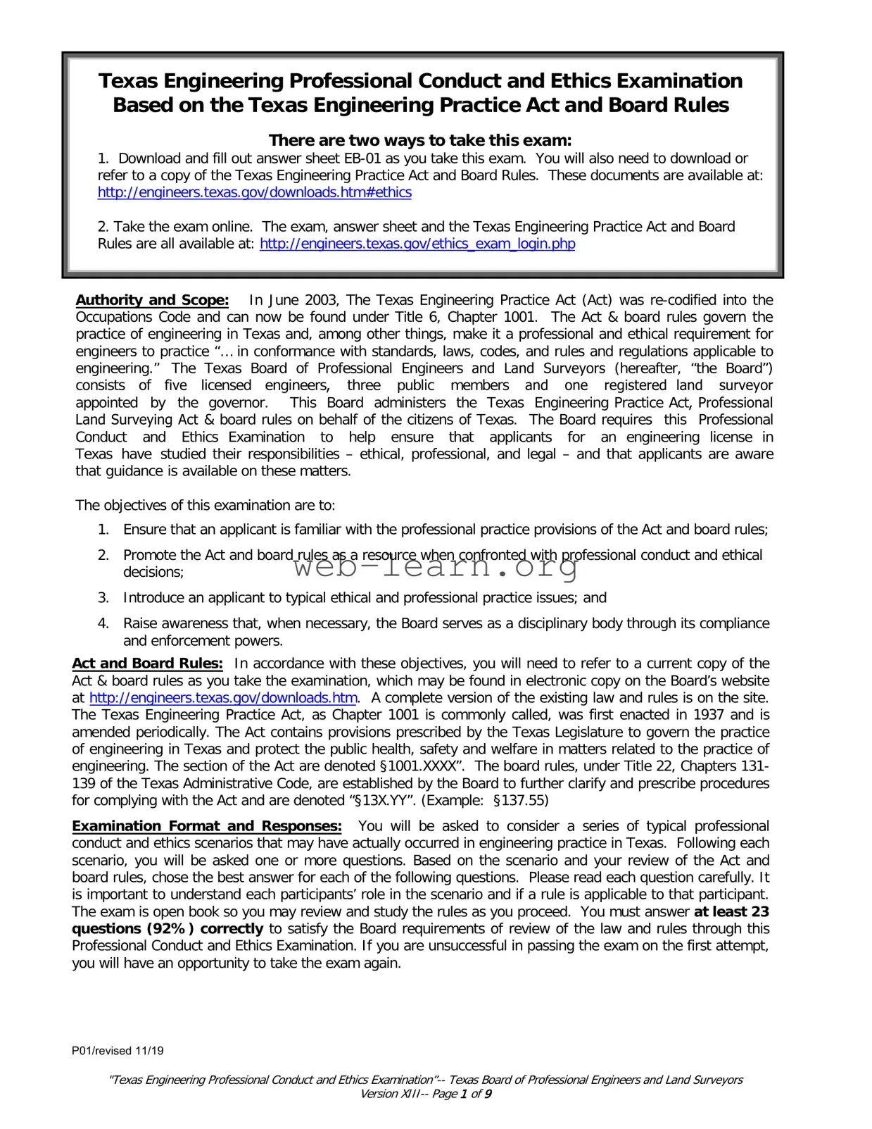Blank Texas Ethics Of Engineering Exam Form