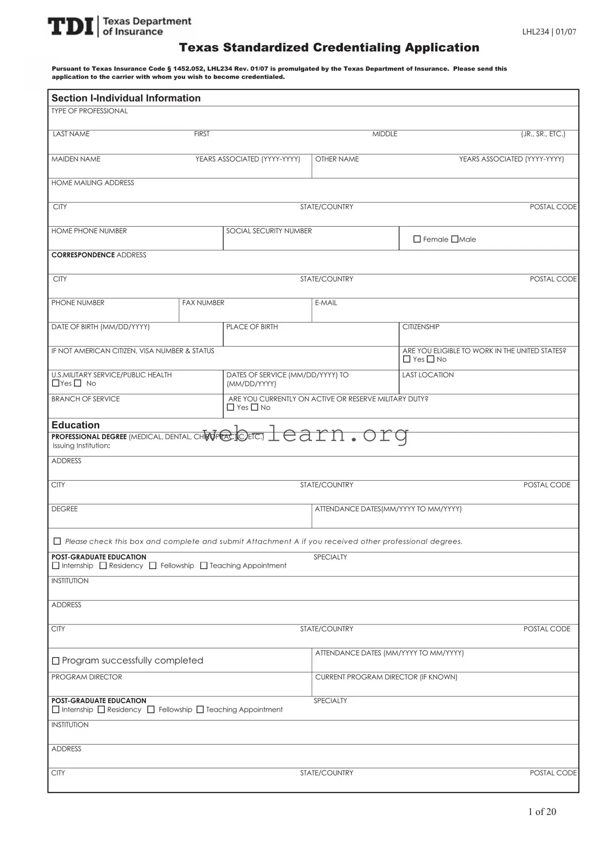 Blank Texas Credentialing Application Form