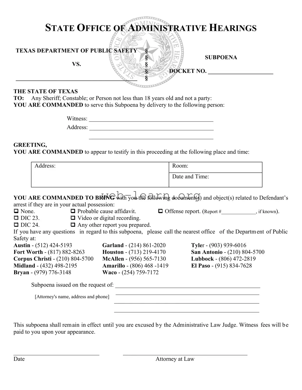Blank Texas Subpoena Form