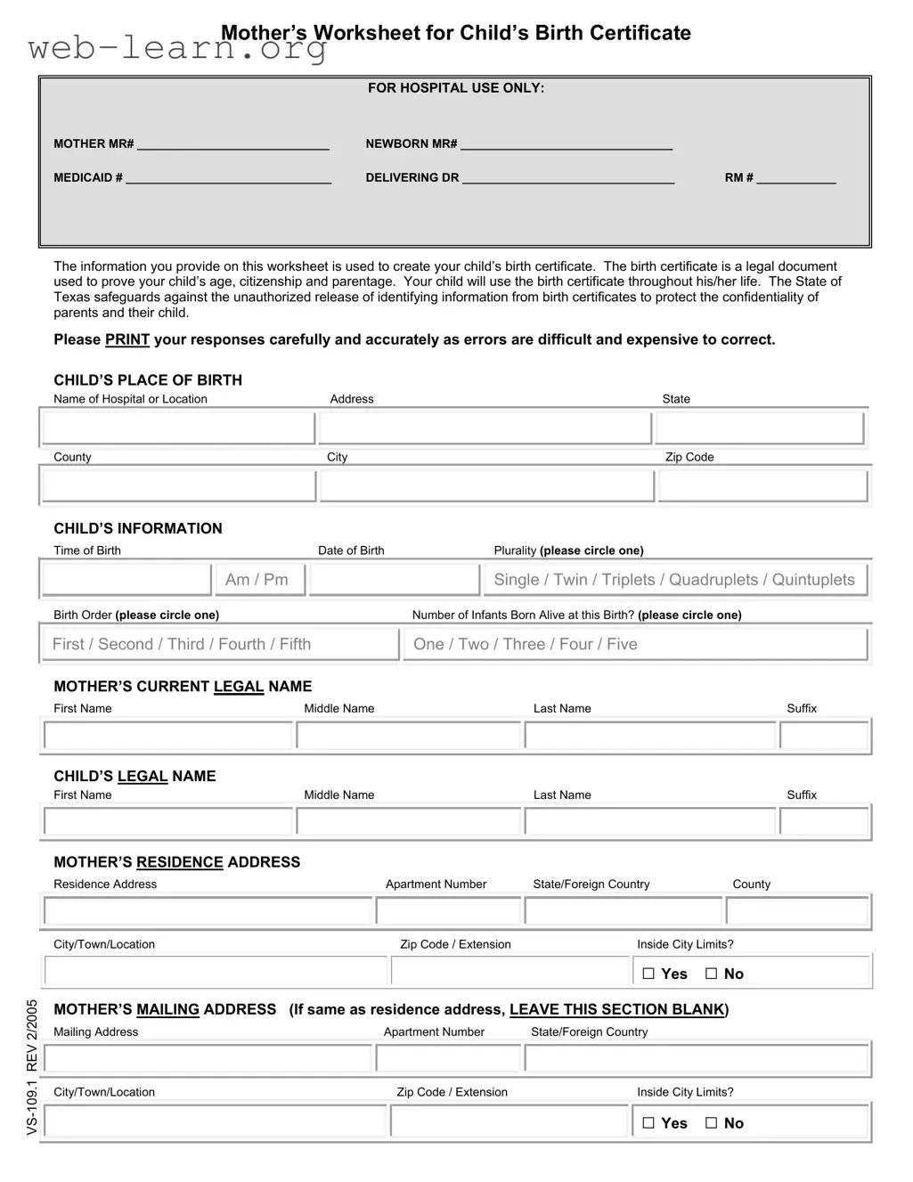 Blank Child Birth Certificate Texas Form