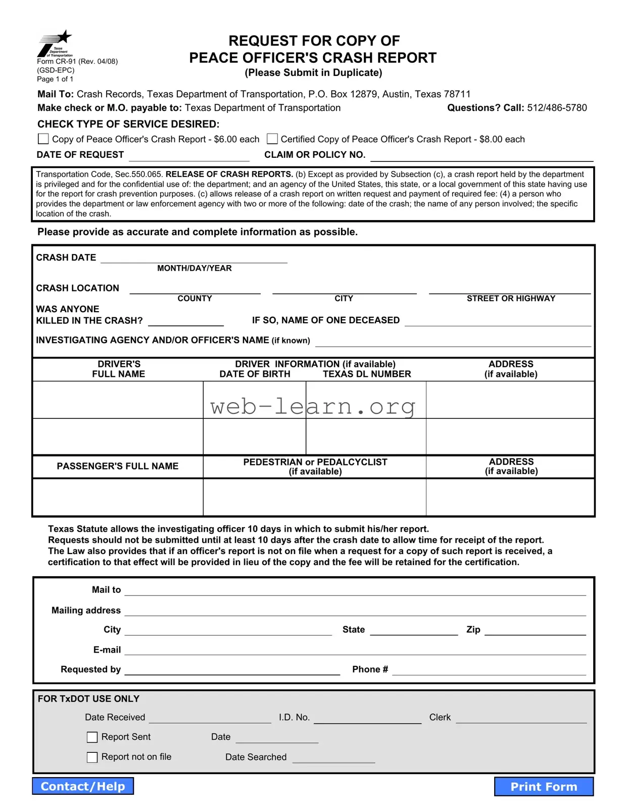 Blank Texas Cr 91 Form