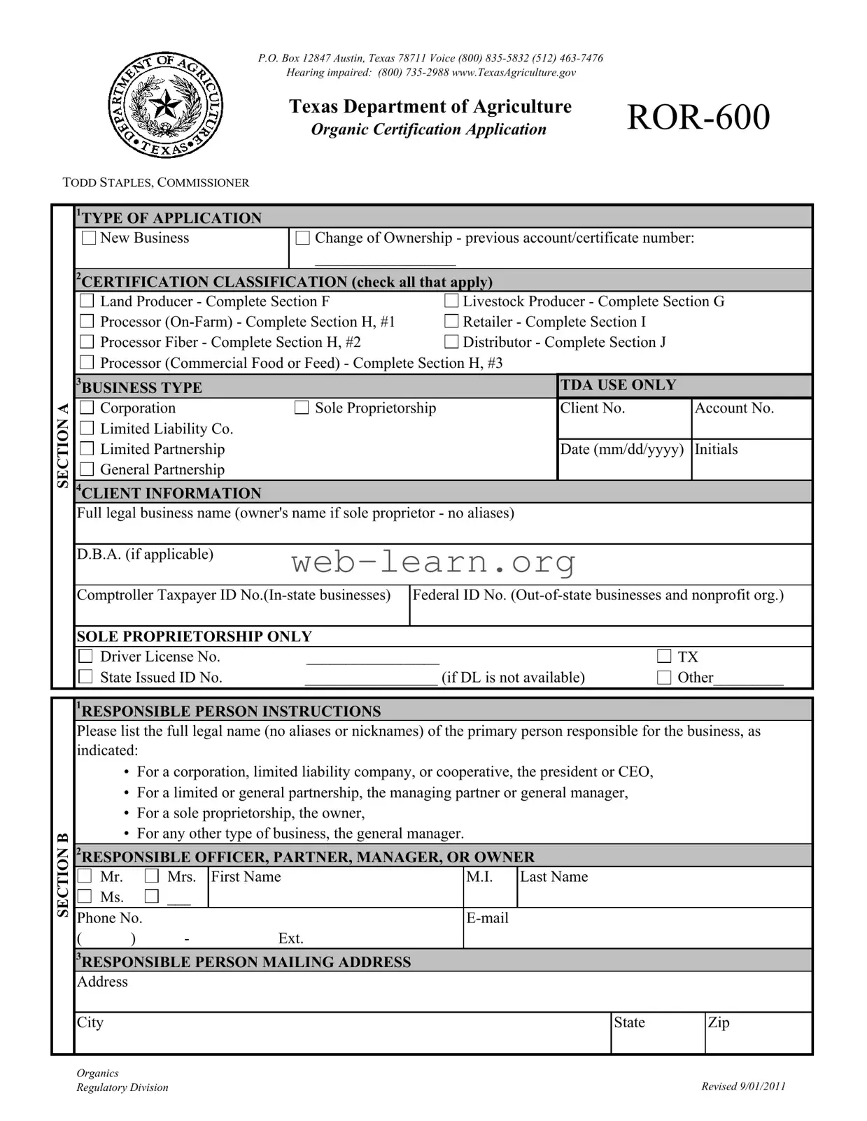 Blank Texas Ror 600 Form