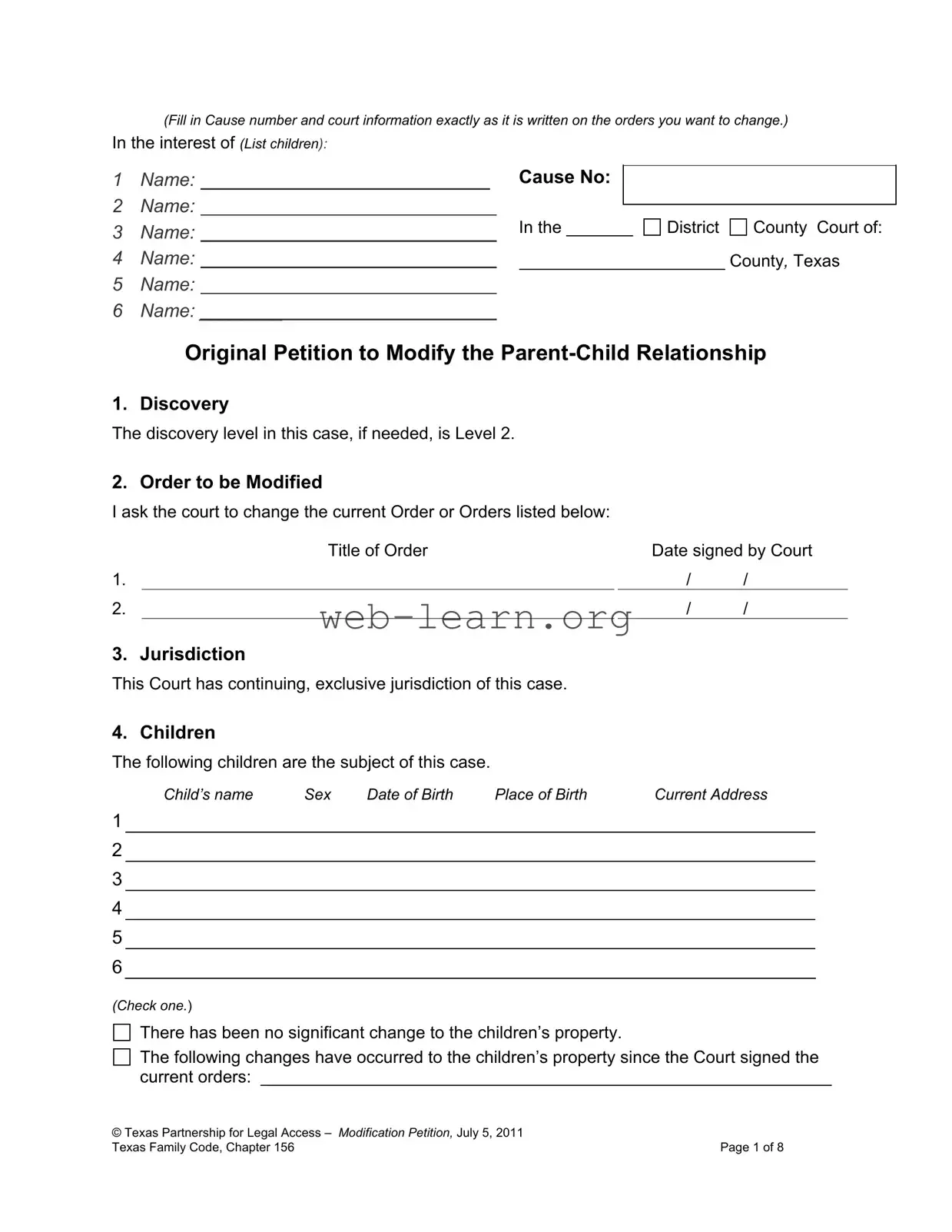 Blank Texas Petition Modify Form