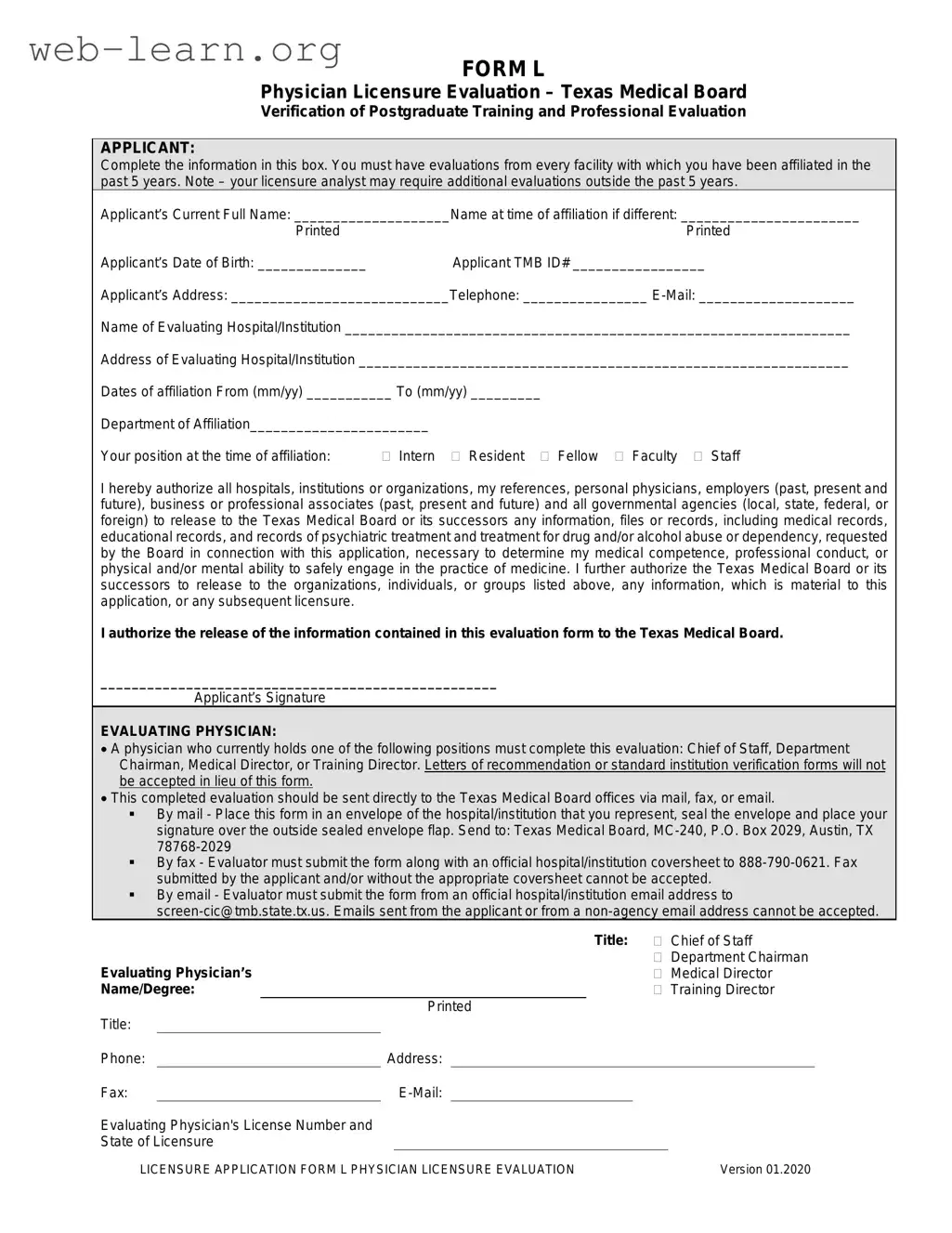 Blank L For Texas Medical Board Form
