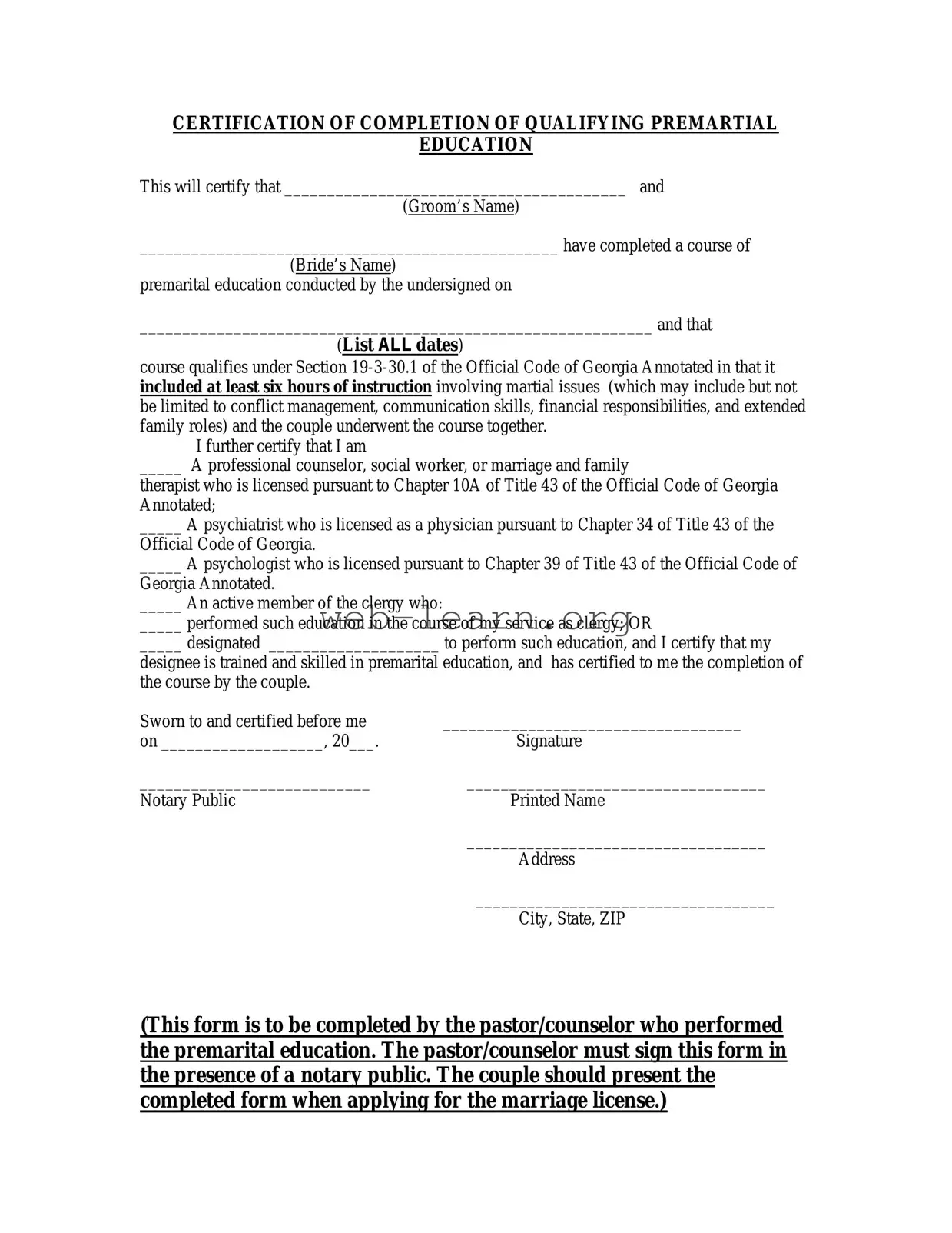 Blank Texas Premarital Course Certificate Form