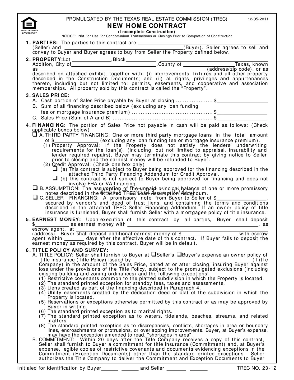 Blank Texas Real Estate Sales Contract Form