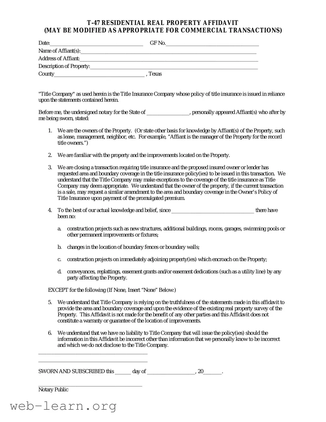 Blank Texas residential property affidavit T-47 Form