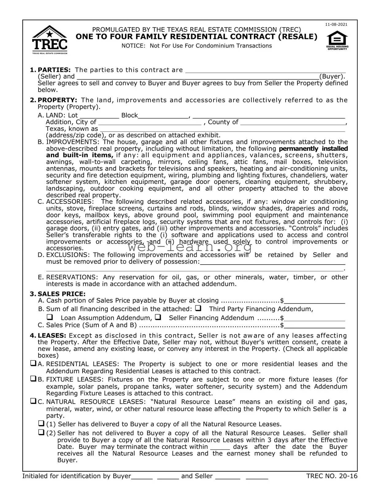 Blank Texas Trec Residential Contract Form