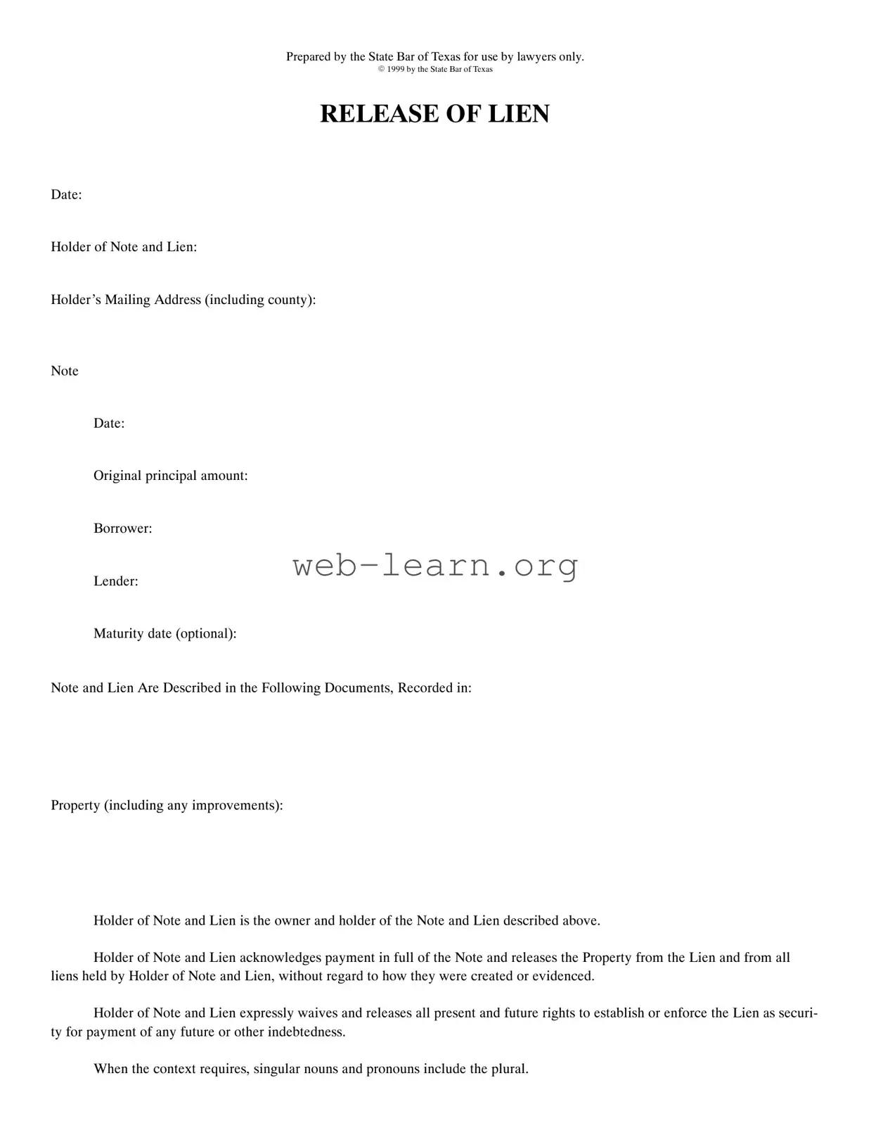 Blank Release Of Lien Texas Form