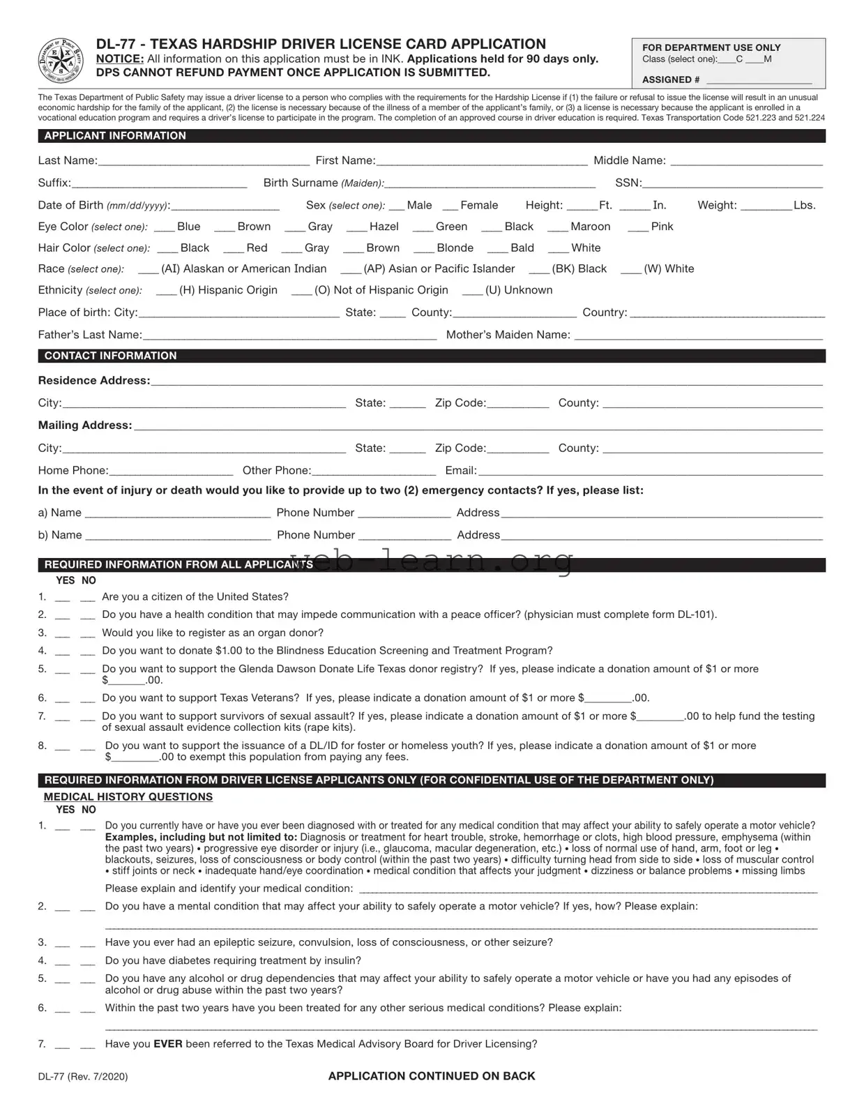 Blank Texas From Dl 77 Form