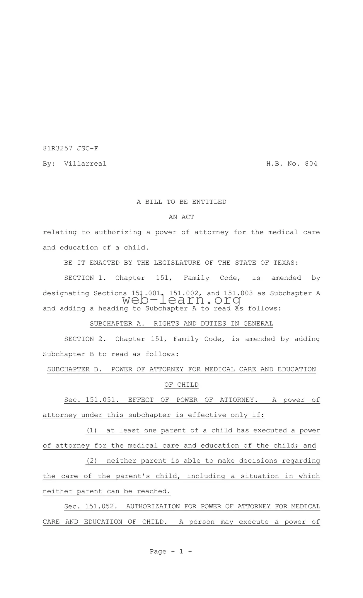 Blank Texas Child Power of Attorney Form