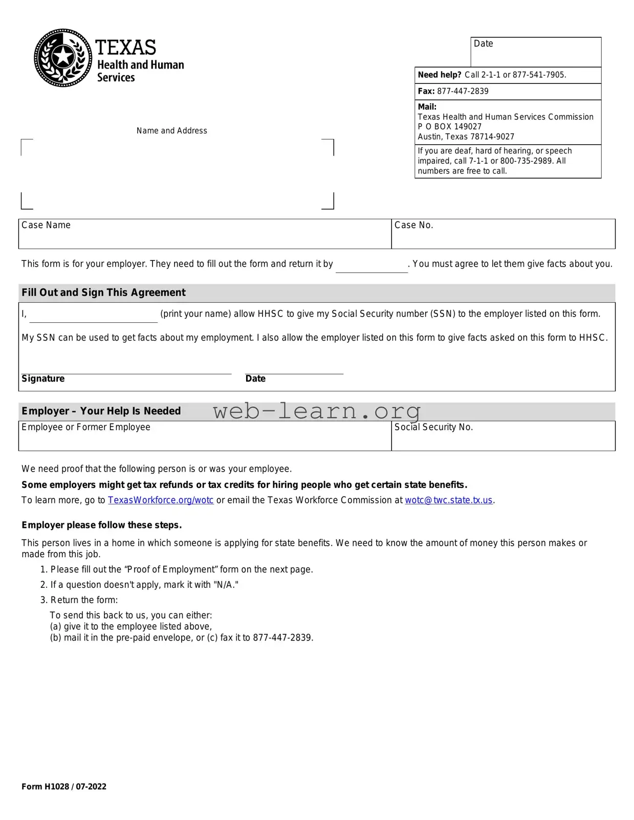 Blank Texas Employment Verification Form