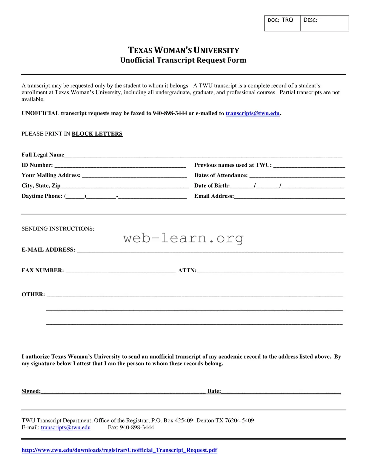 Blank Texas Unofficial Transcript Form