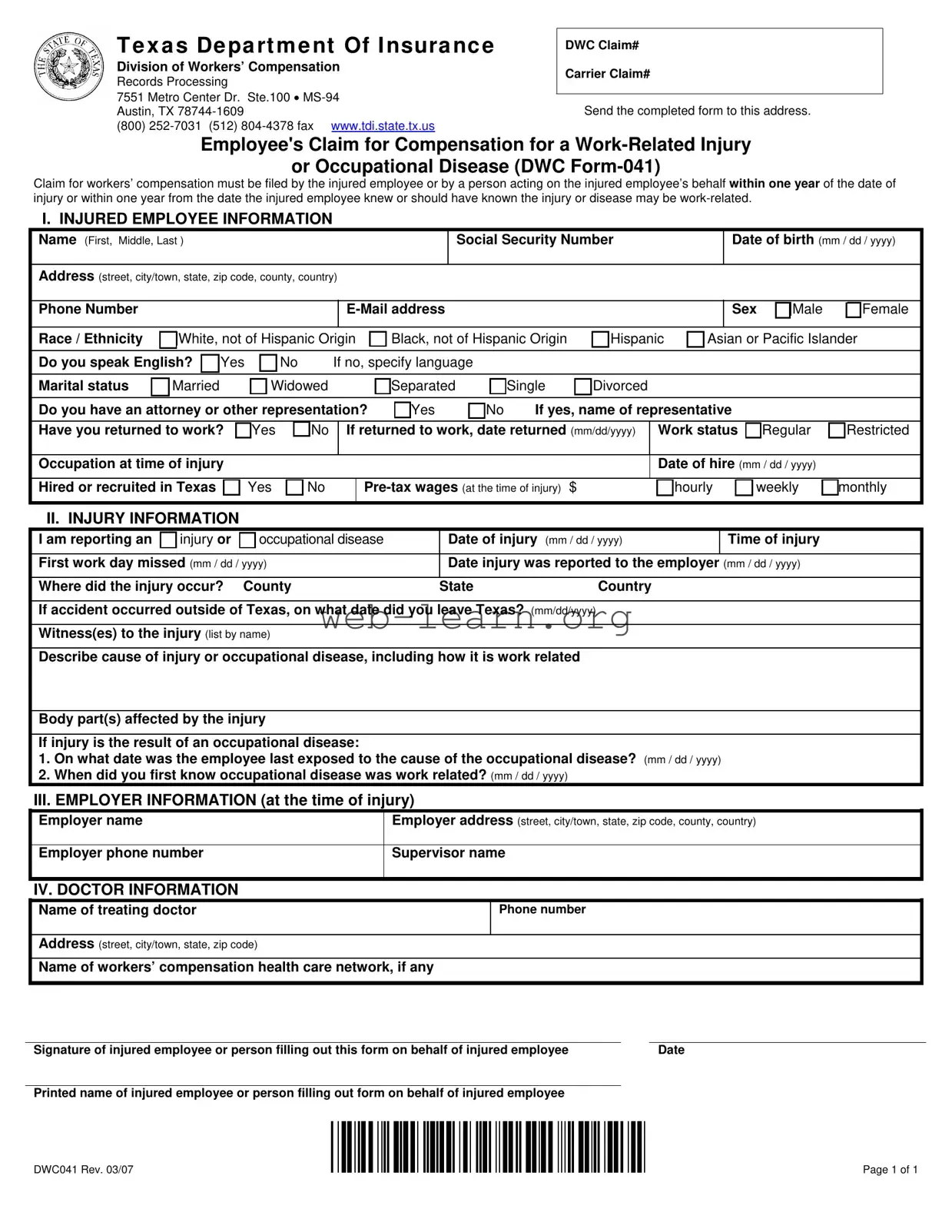 Blank Texas Dwc041 Form