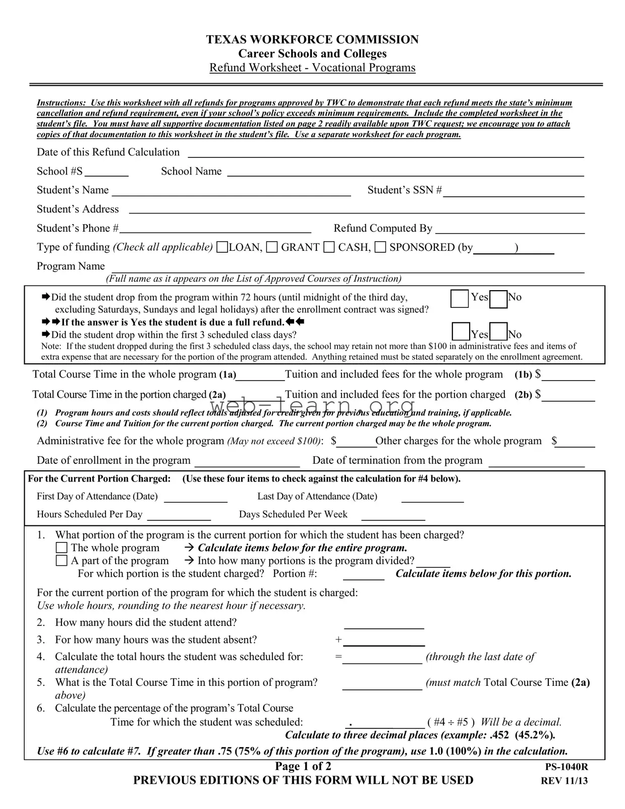 Blank Texas Ps 1040R Form