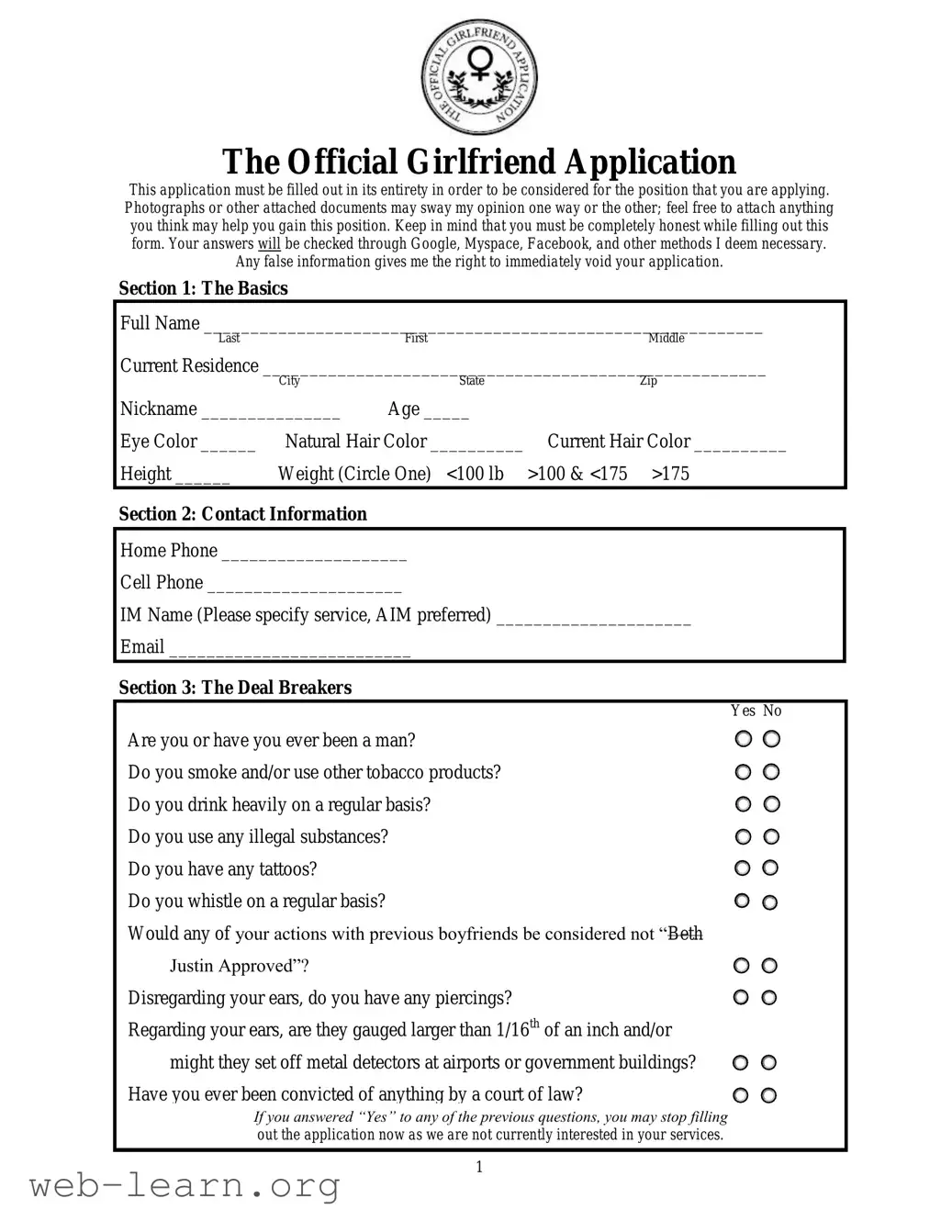 Blank Girlfriend Application Form