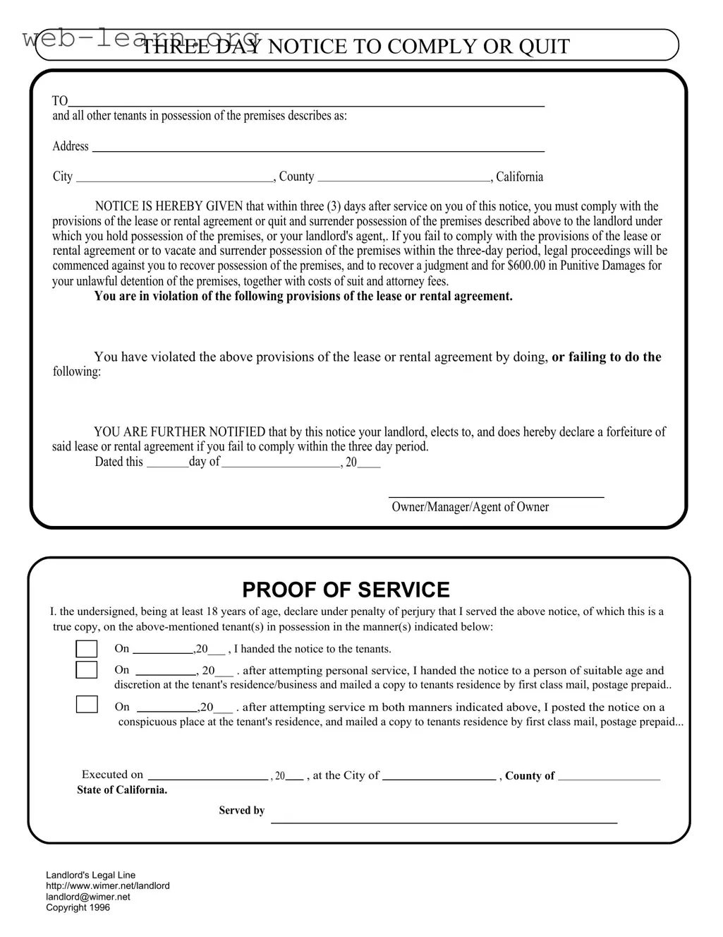 Blank 3 Day Quit Notice California Form