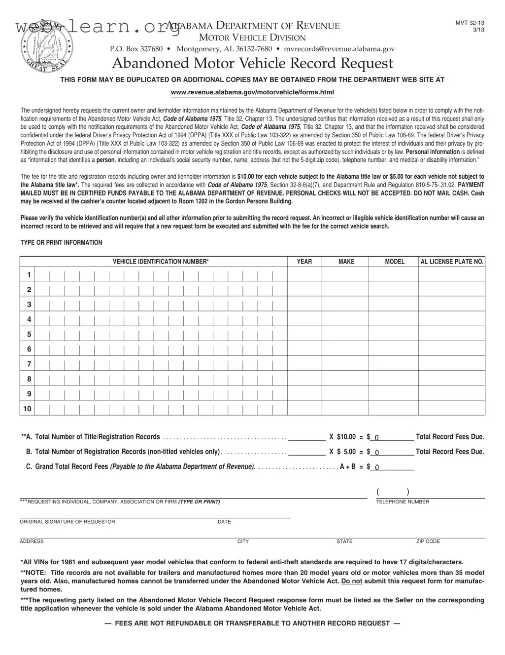 Blank Alabama Abandoned Vehicle Form
