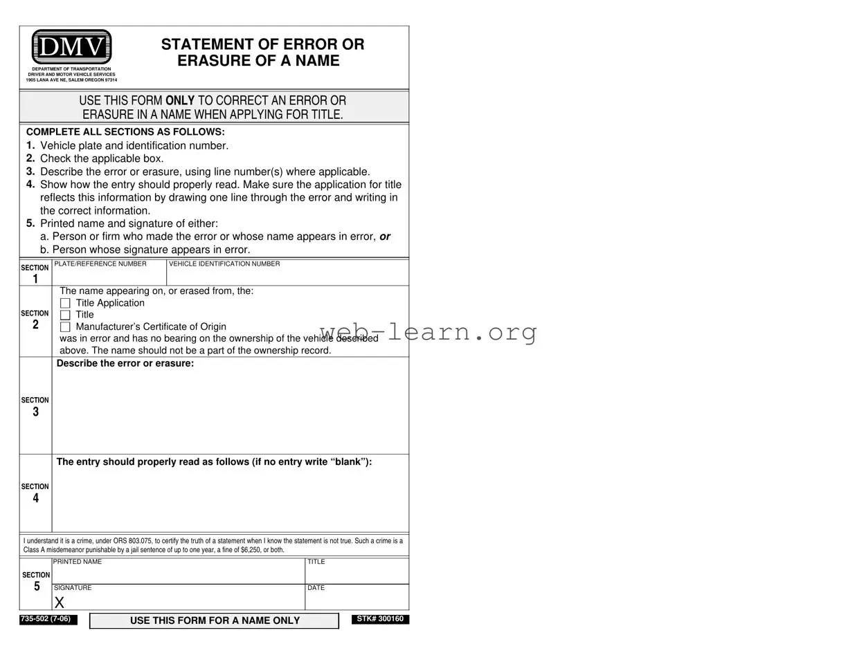 Blank Oregon Dmv 735 502 Form
