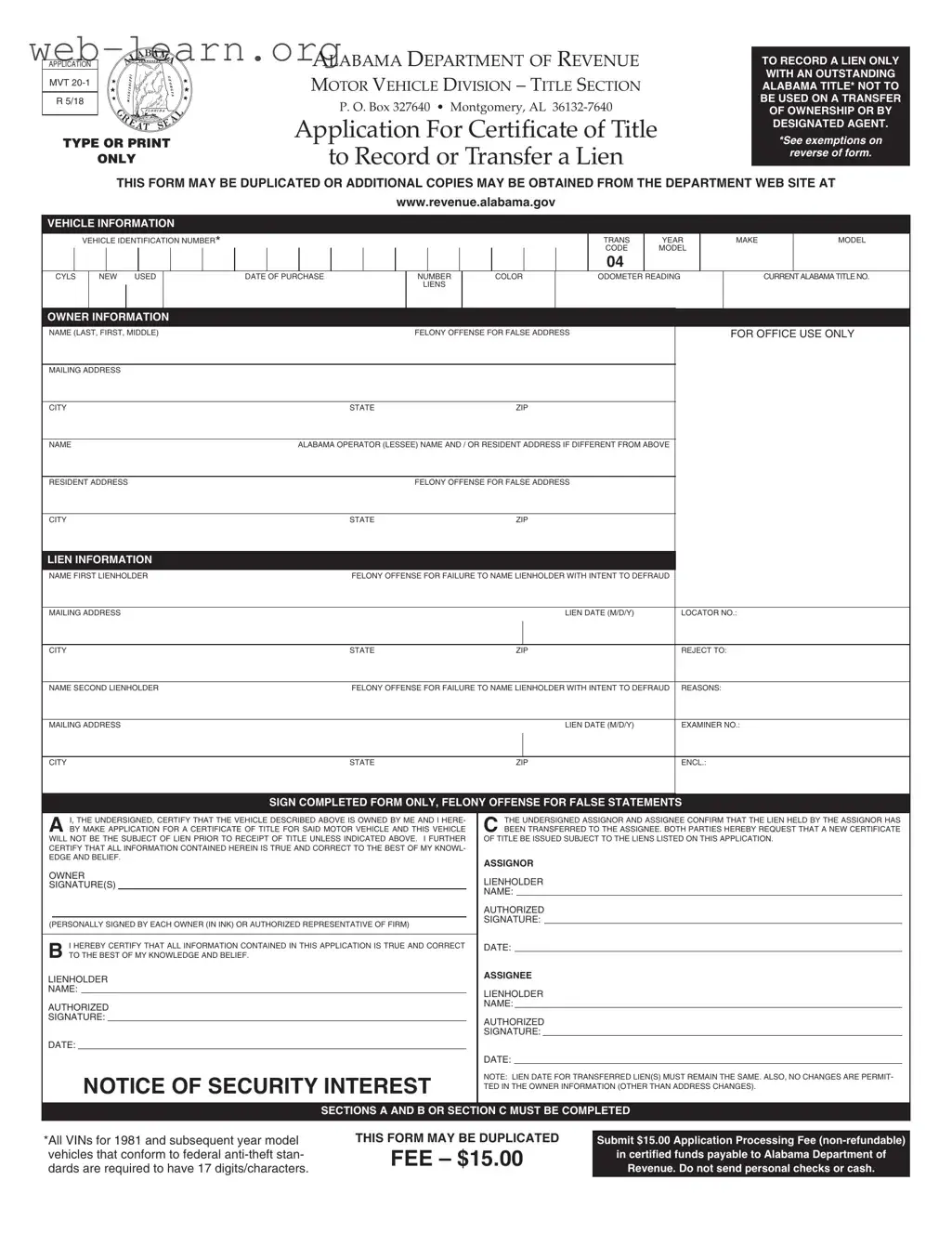 Blank Alabama Mvt 20 1 Form