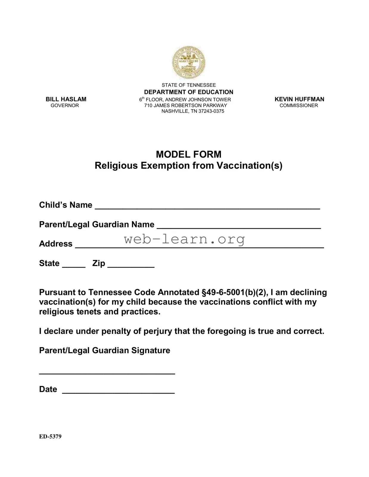 Blank Tn Exemption Vaccination Form