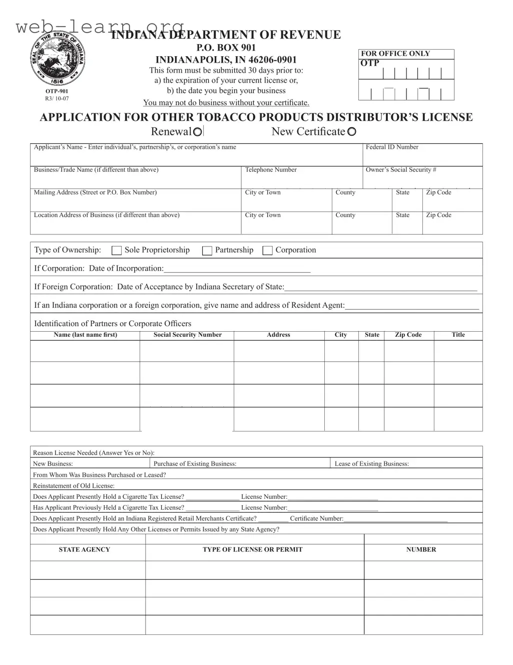 Blank Indiana Otp 901 Form