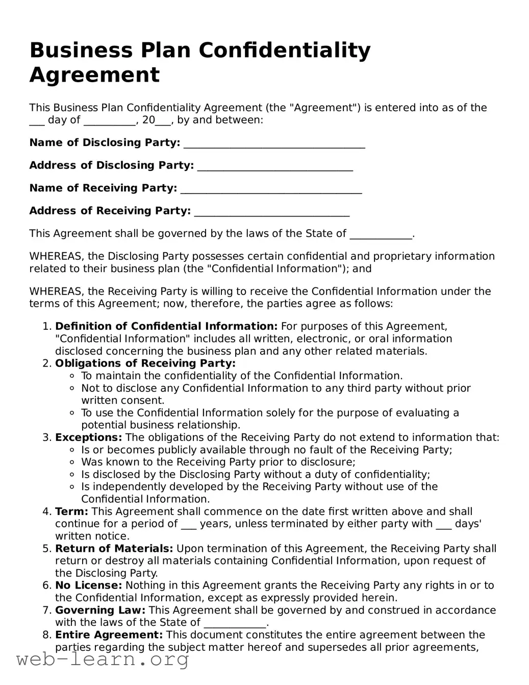 Attorney-Approved Business Plan Confidentiality Agreement Template
