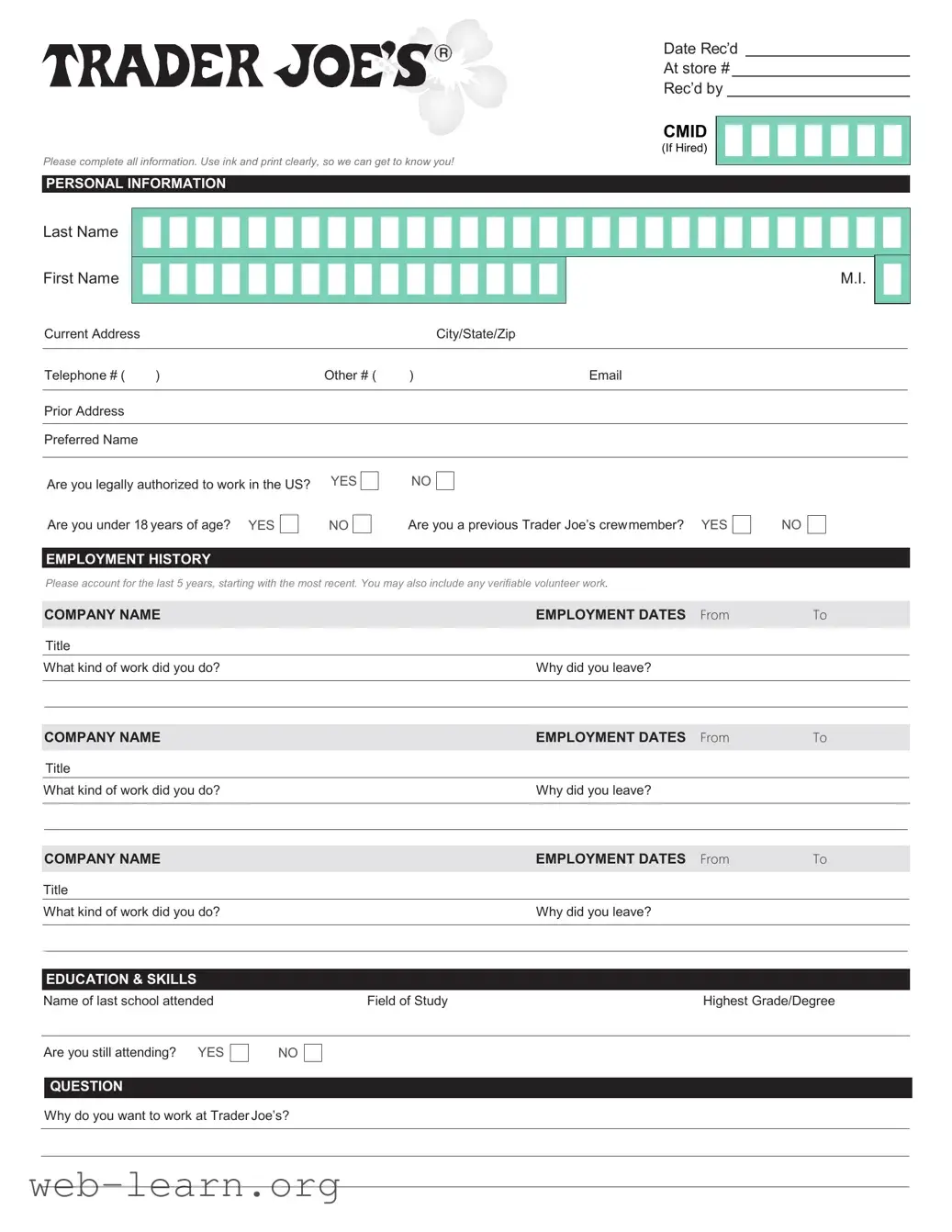 Blank Trader Joe's application Form