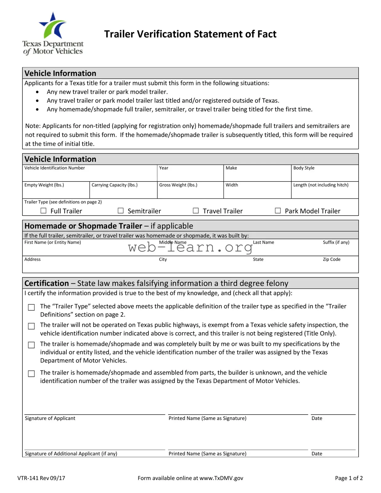 Blank Texas Vtr 141 Form