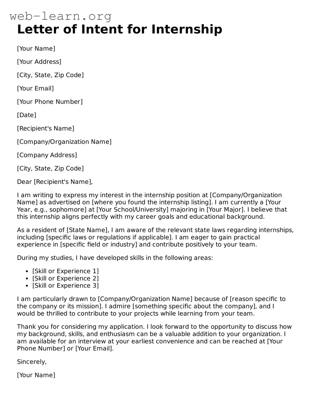 Attorney-Approved Letter of Intent for Internship Template