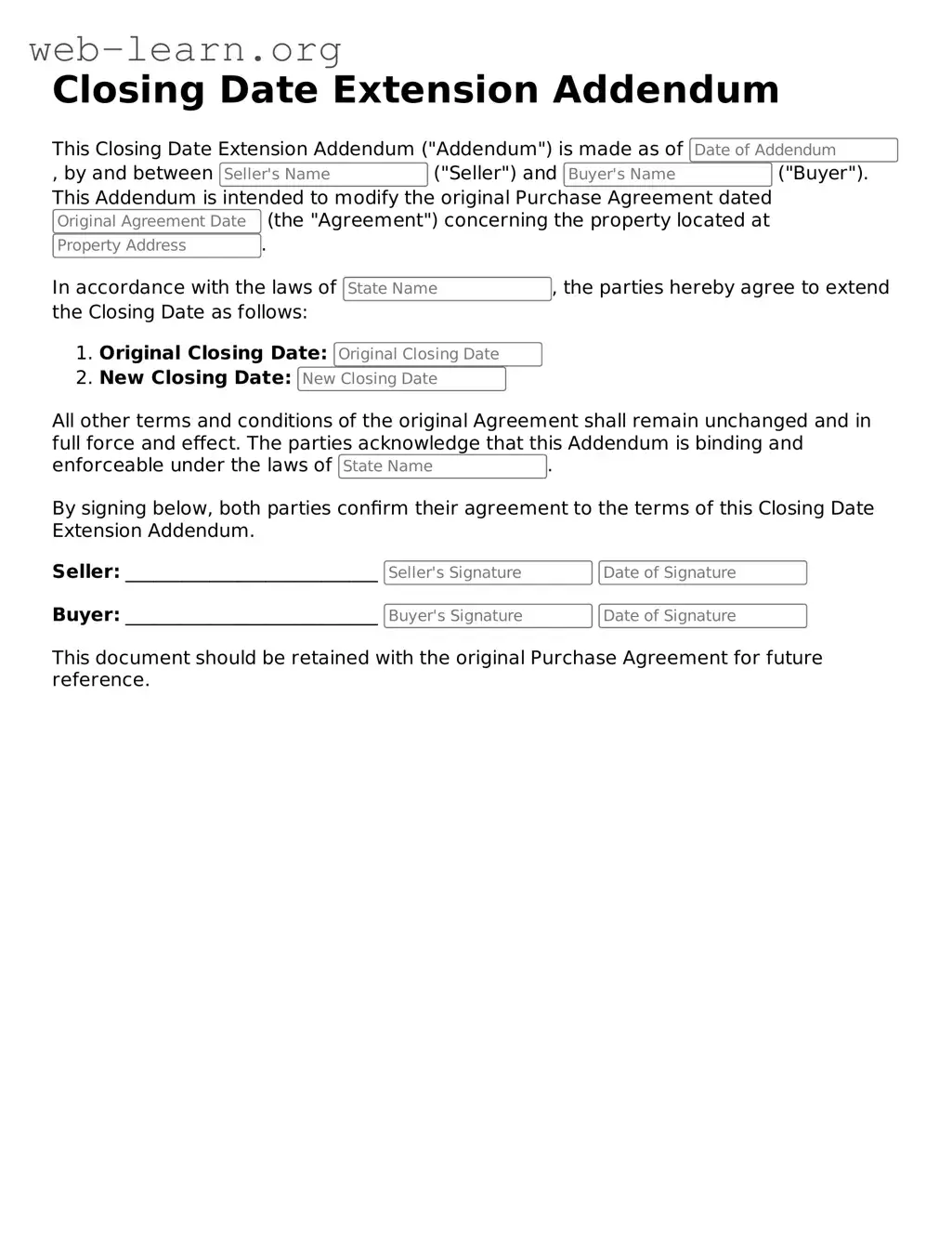 Attorney-Approved Closing Date Extension Addendum Template