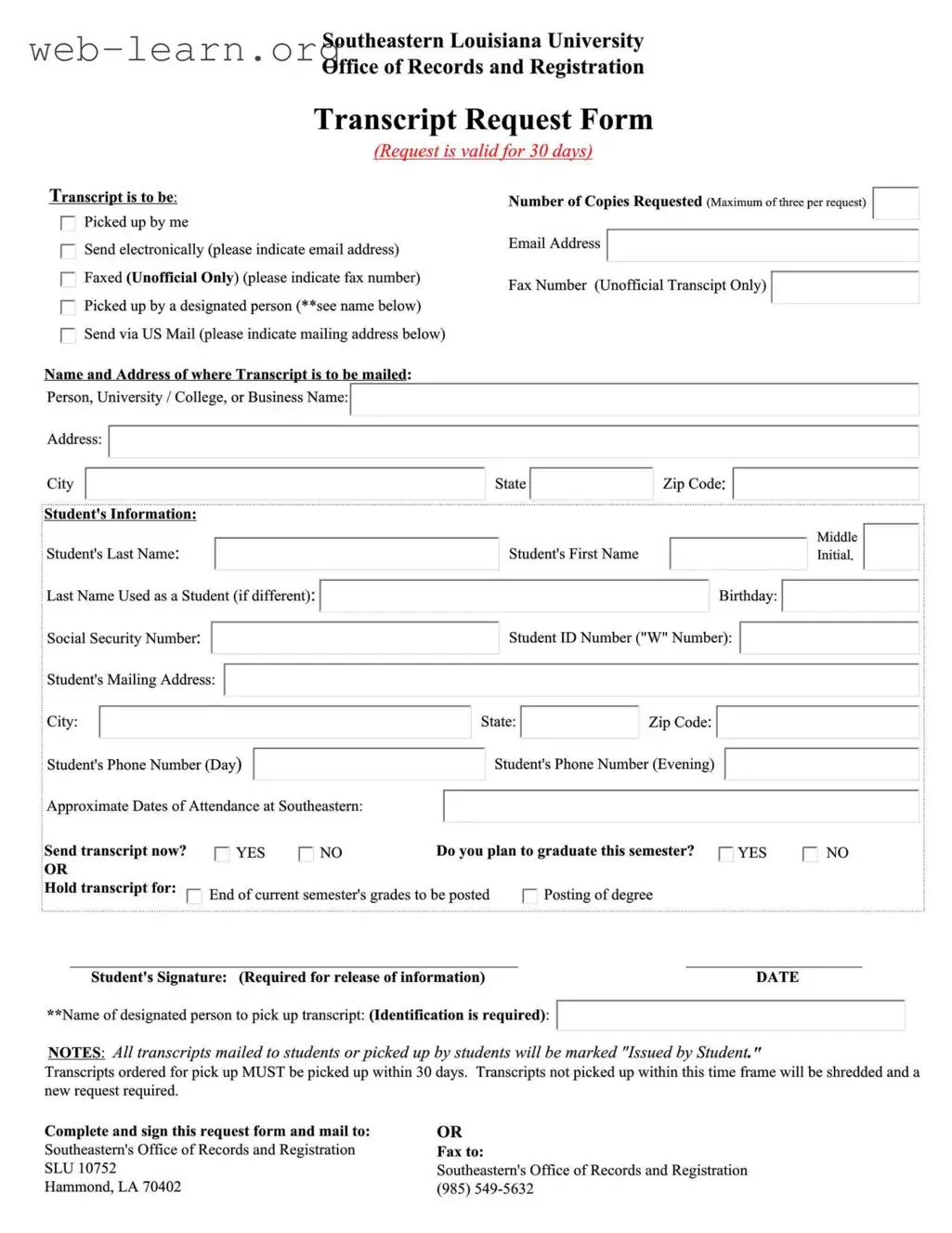Blank Louisiana Request Form