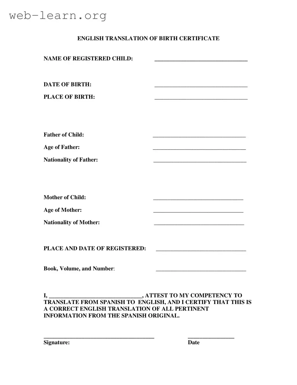 Blank Birth Certificate Translation To English Form