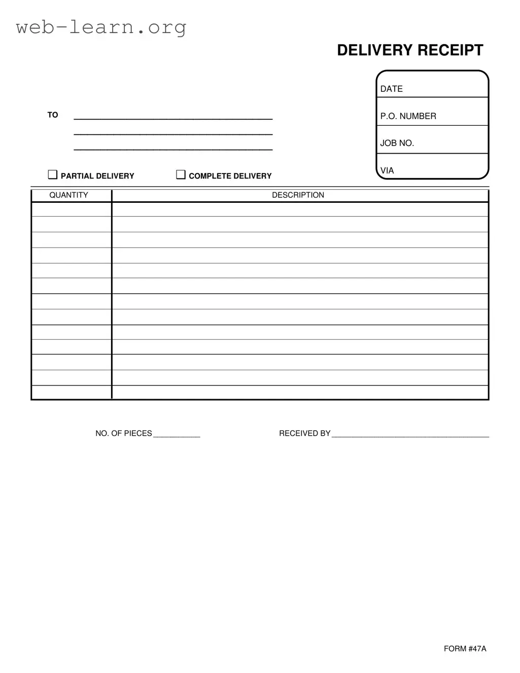 Blank Delivery Receipt Form