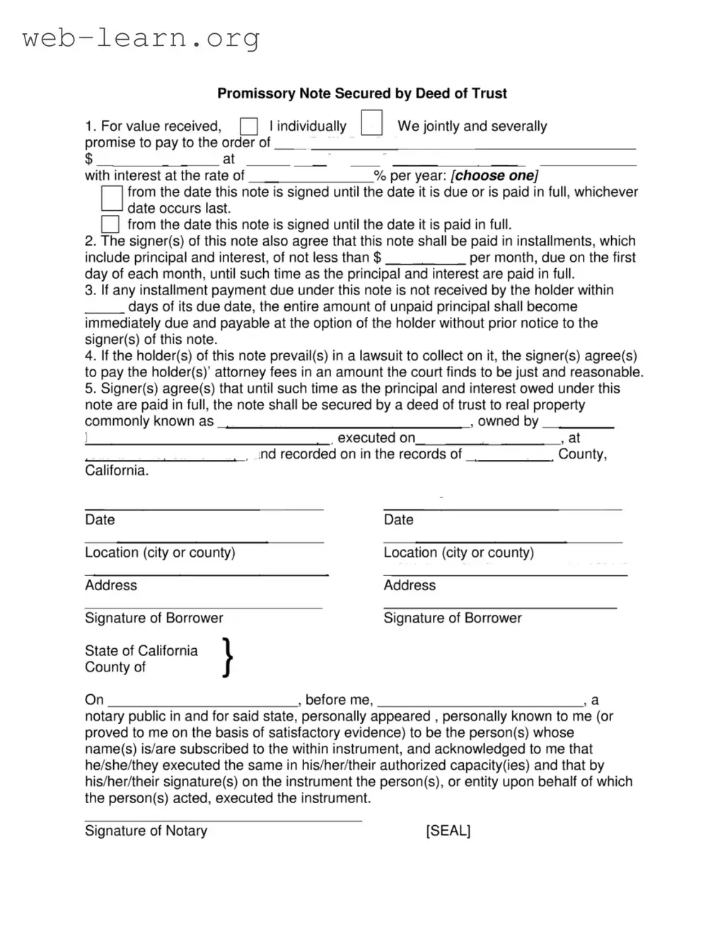 Blank California Note Secured Form