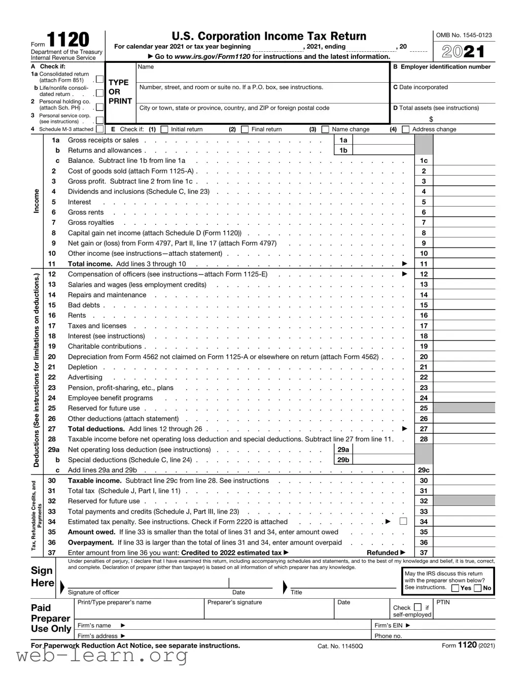 Blank IRS 1120 Form