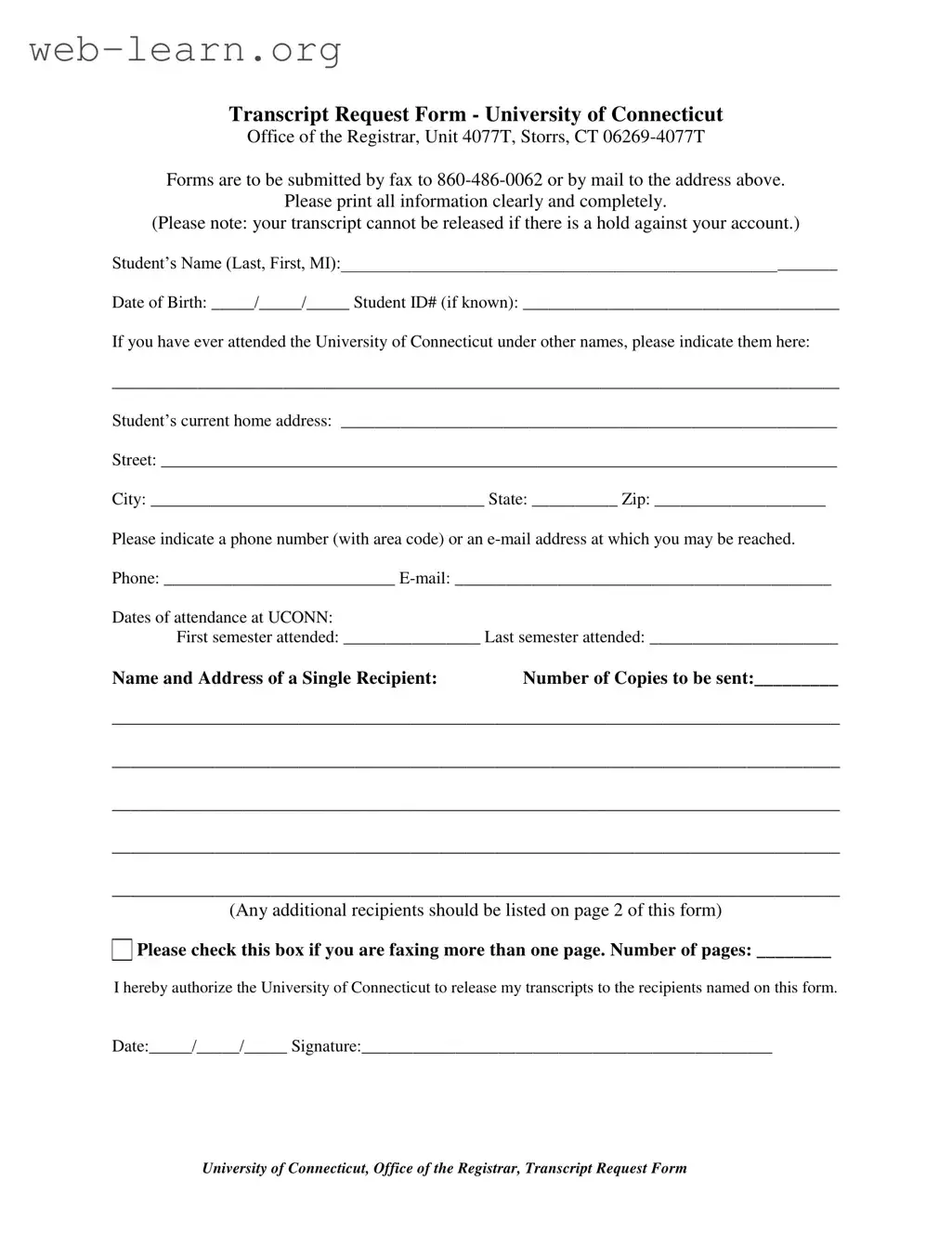 Blank Connecticut Transcript Request Form