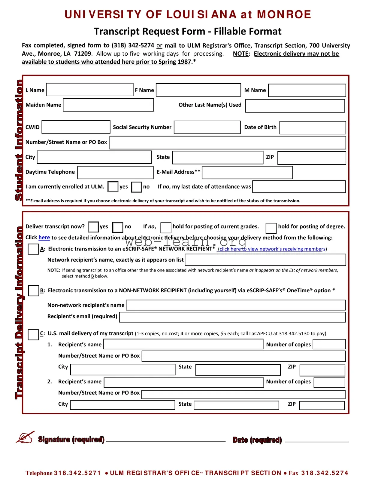 Blank University Louisiana Transcript Form