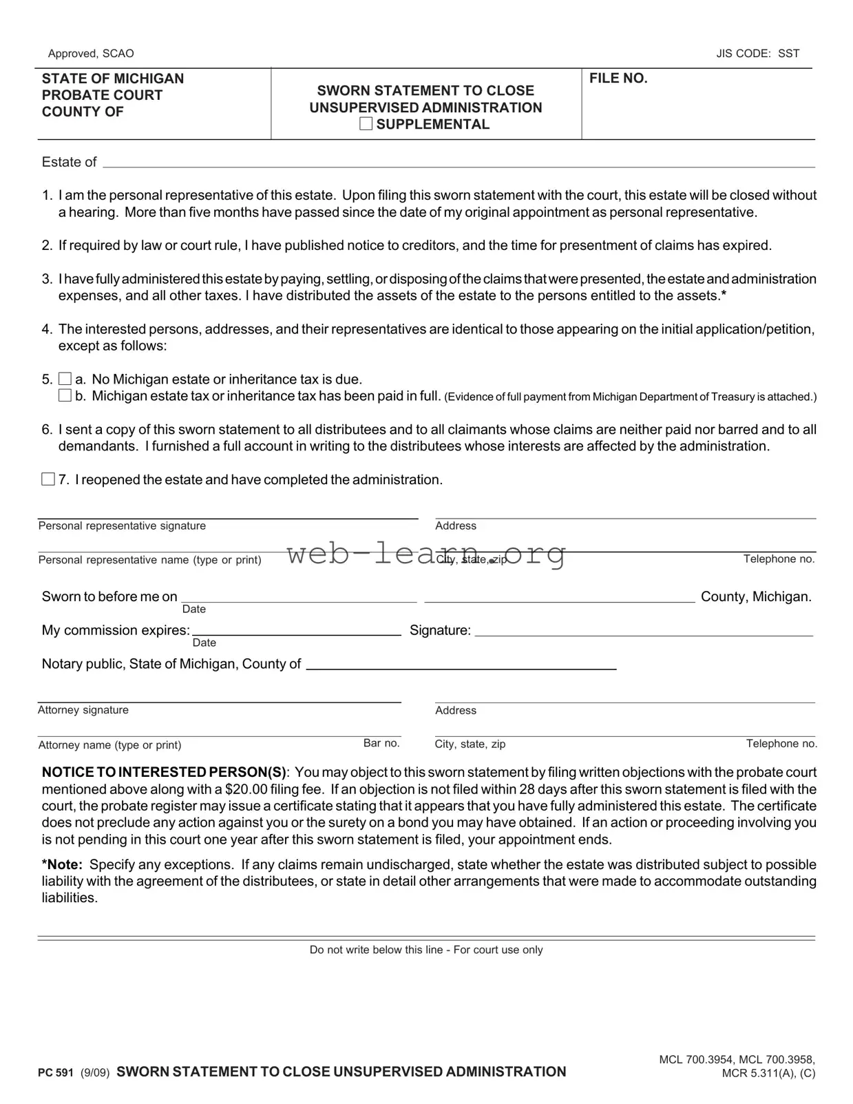 Blank Pc 591 Michigan Form